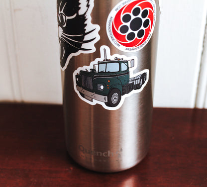 Green Semi Truck Mack Style Die Cut Sticker Hand Drawn Design