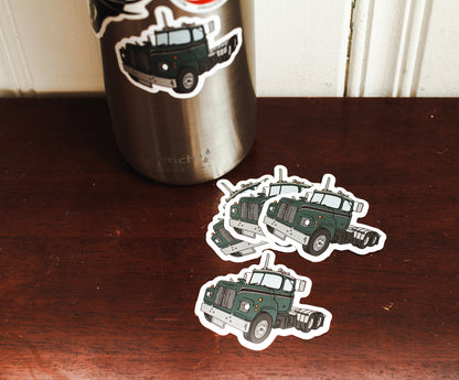 Green Semi Truck Mack Style Die Cut Sticker Hand Drawn Design