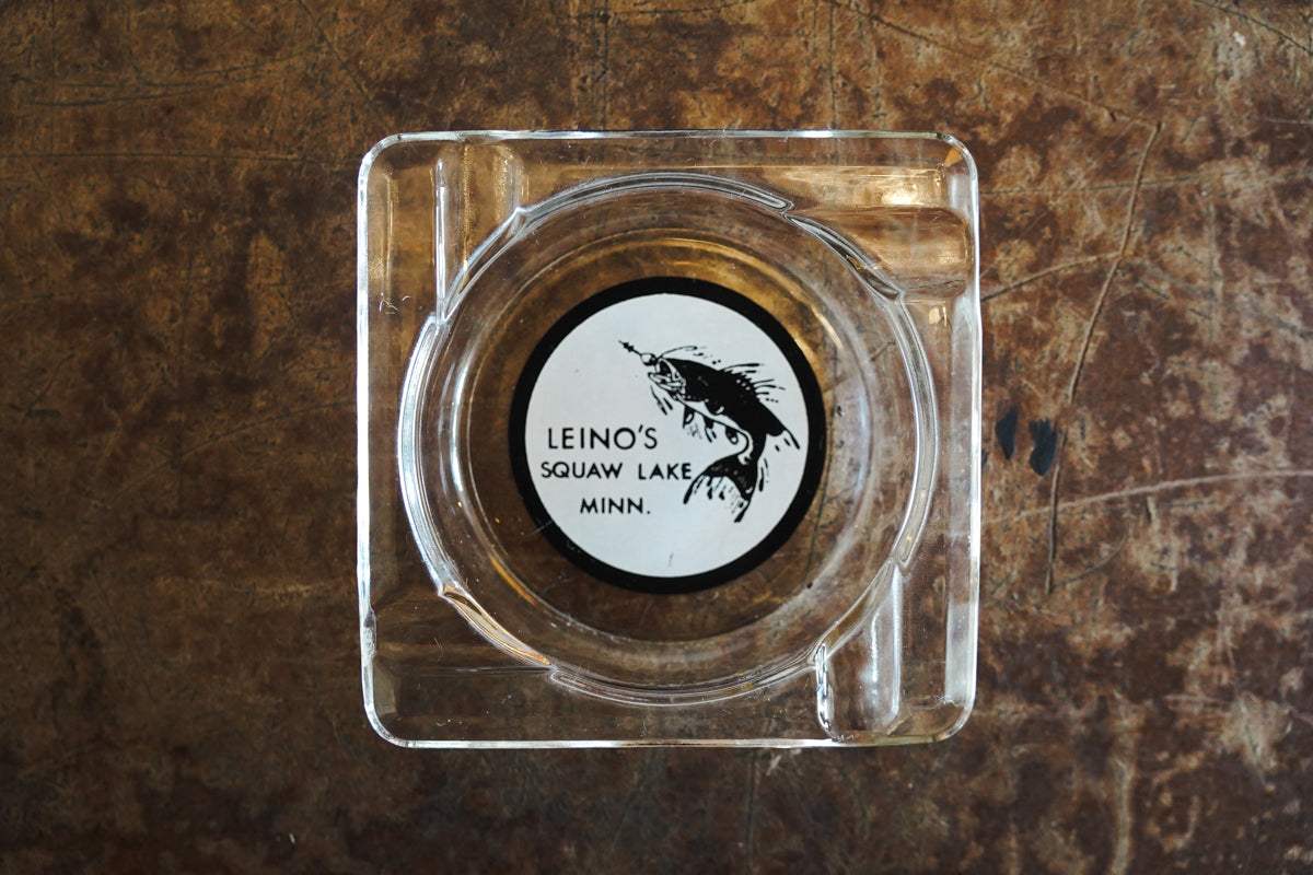 Leino's Squaw Lake, Minn. Clear Glass Souvenir Ashtray - Fish Graphic 4in