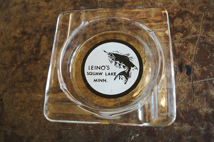 Leino's Squaw Lake, Minn. Clear Glass Souvenir Ashtray - Fish Graphic 4in