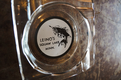 Leino's Squaw Lake, Minn. Clear Glass Souvenir Ashtray - Fish Graphic 4in